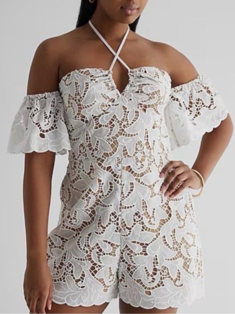 EXPRESS embroidered off shoulder floral crochet lace dress romper (m)